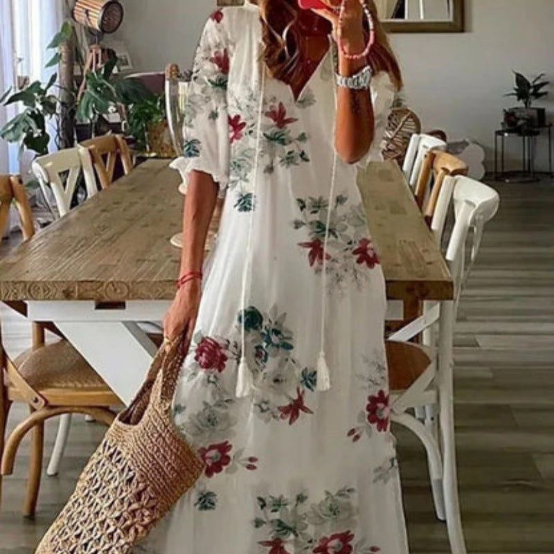 Women's - Boho Vintage V-Neck Floral Dress - Elegant Design
