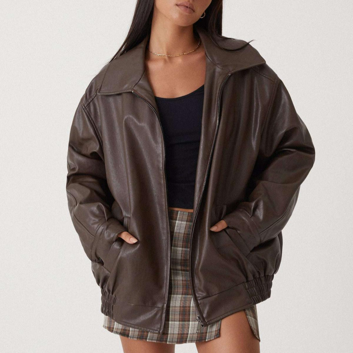 Women's - Relaxed Leather Jacket - Zip-Up High Collar Fit