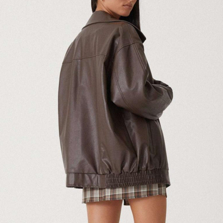 Women's - Relaxed Leather Jacket - Zip-Up High Collar Fit