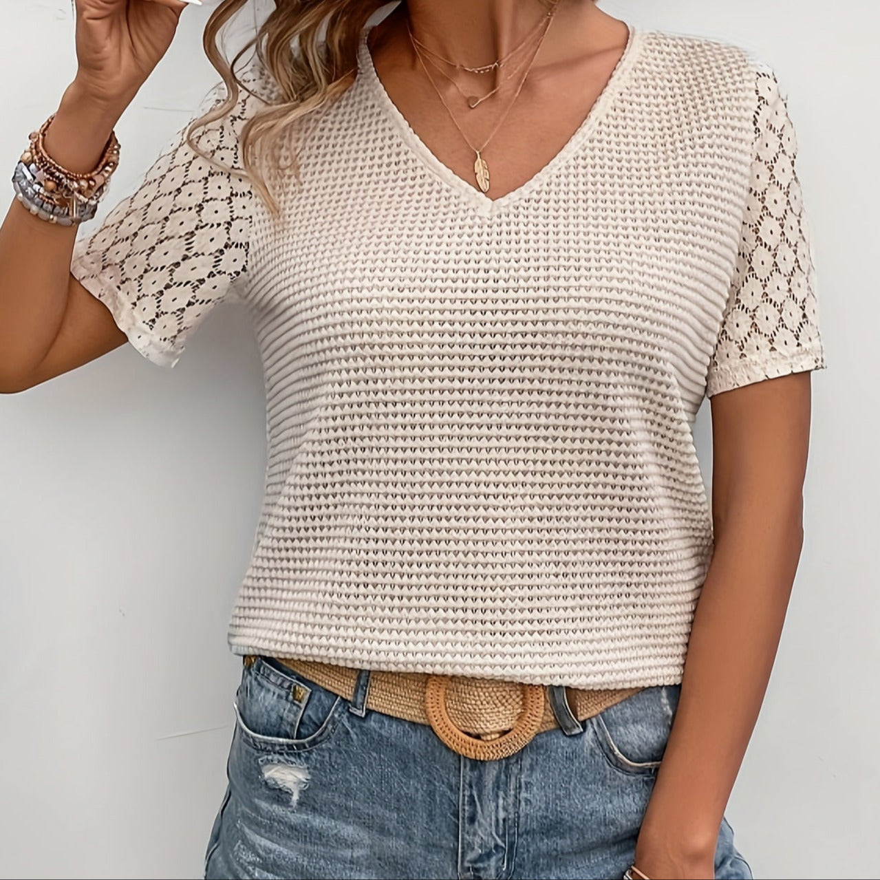 Women's - V-Neck Top with Crocheted Back Detail