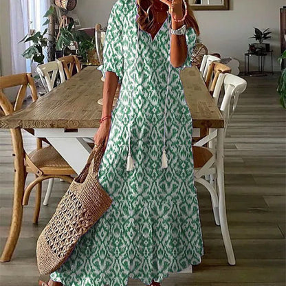 Women's - Boho Vintage V-Neck Floral Dress - Elegant Design