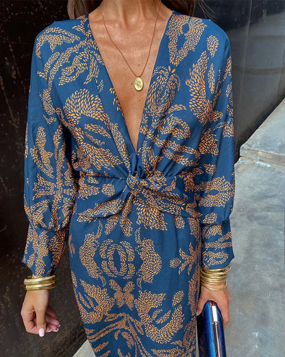Women's - Elegant Long Sleeve Floral Print Midi Dress with Deep V-Neck