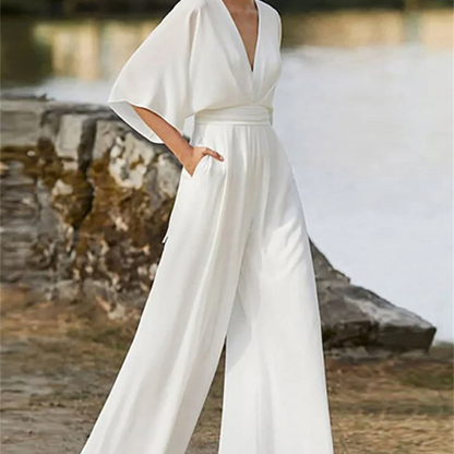 Women's - V-neck Jumpsuit - Wide Leg Design