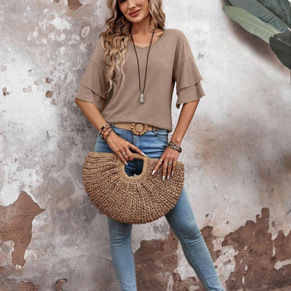 Women's - V-Neck Half Sleeve Blouse - Soft Fabric - Stylish Top