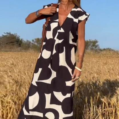 Women's - Black & White Maxi Dress - V-Neck A-Line