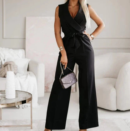Women's - Sleeveless Wrap Jumpsuit - Belted Waist