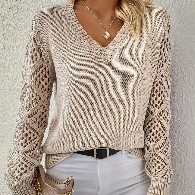 Women's - Knitted V-Neck Jumper - Acrylic Blend Fabric