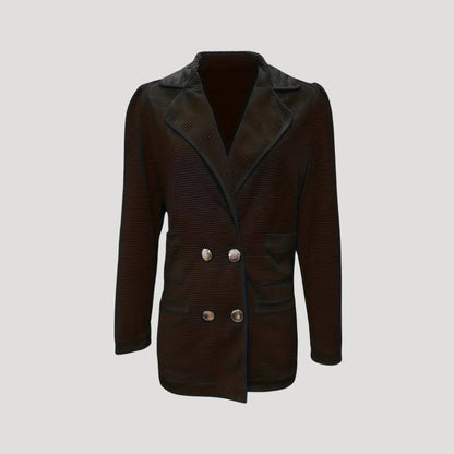 Women's - Chic Ribbed Double-Breasted Blazer Jacket - Stylish Layering Essential