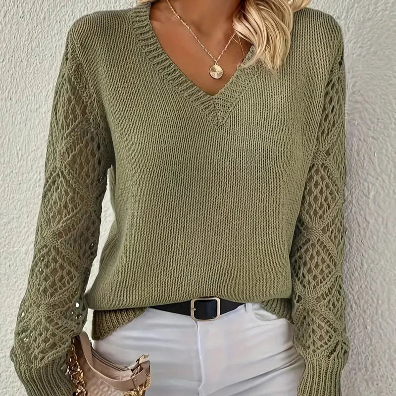 Women's - Knitted V-Neck Jumper - Acrylic Blend Fabric