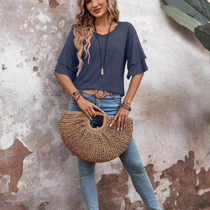 Women's - V-Neck Half Sleeve Blouse - Soft Fabric - Stylish Top