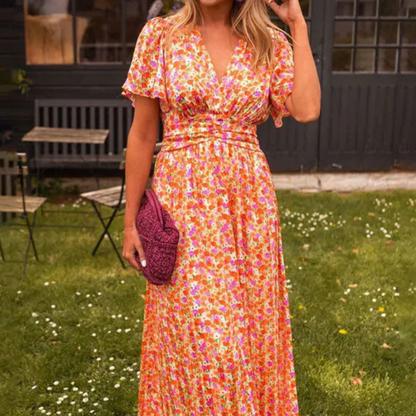 Women's – Floral Dress – V-Neck, High Waist Fit