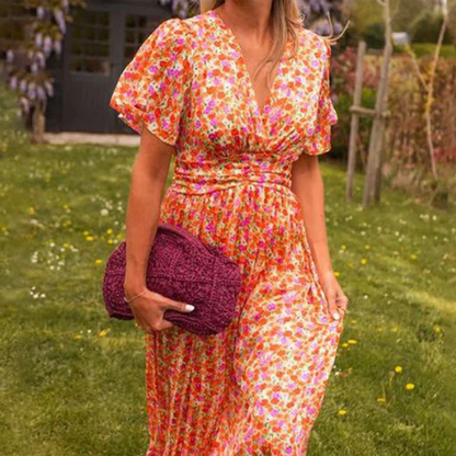 Women's – Floral Dress – V-Neck, High Waist Fit