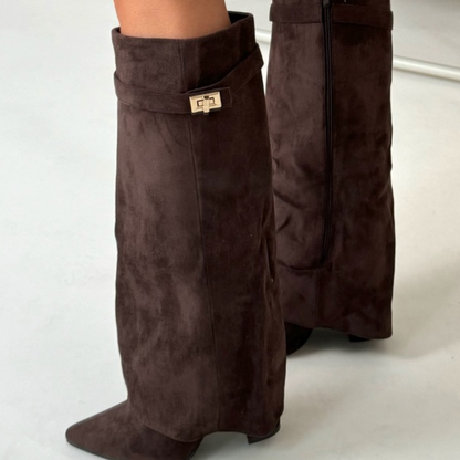 Women's - Knee-High Boots - Pointed Toe Leather Zip