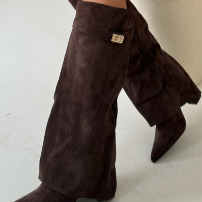 Women's - Knee-High Boots - Pointed Toe Leather Zip