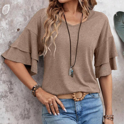 Women's - V-Neck Half Sleeve Blouse - Soft Fabric - Stylish Top