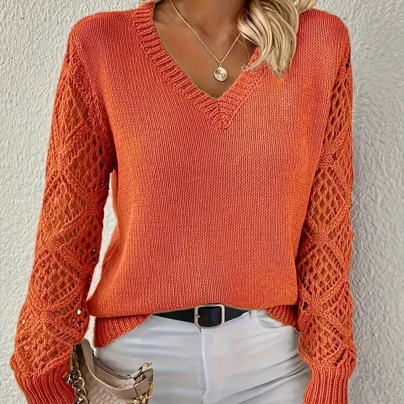 Women's - Knitted V-Neck Jumper - Acrylic Blend Fabric