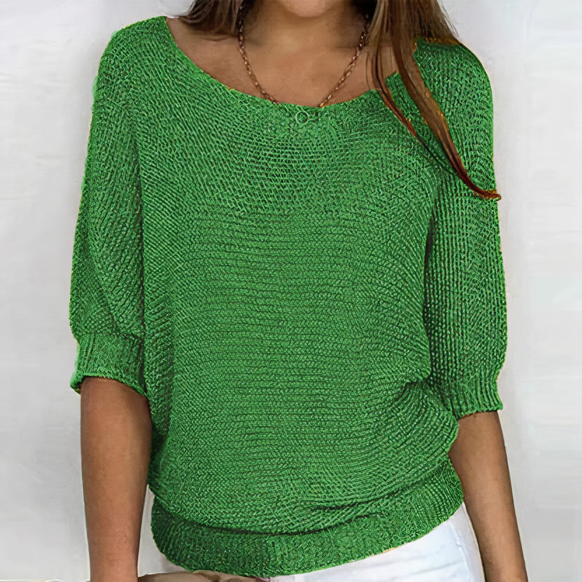 Women's -  Round Neck Knitted Jumper - Three-Fourths Sleeve
