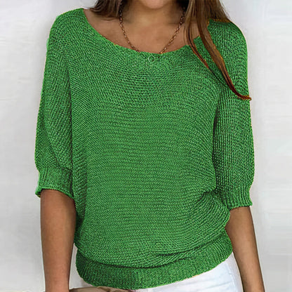 Women's -  Round Neck Knitted Jumper - Three-Fourths Sleeve
