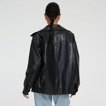 Women's - Relaxed Leather Jacket - Zip-Up High Collar Fit