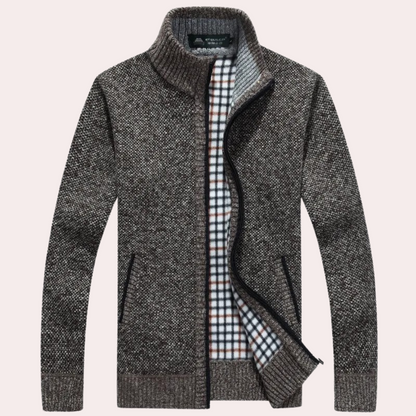 Men's - Knitted Zip-Up Cardigan - Plaid Lining