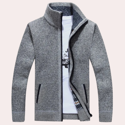Men's - Knitted Zip-Up Cardigan - Plaid Lining