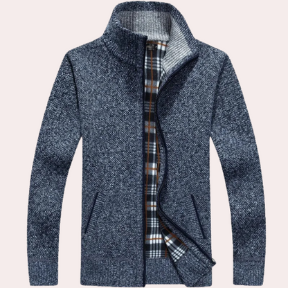 Men's - Knitted Zip-Up Cardigan - Plaid Lining