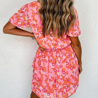 Women's - Pink V-Neck Dress with Playful Short Ruffles - Perfect for Casual Outings - Stylish Summer Dress