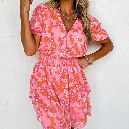 Women's - Pink V-Neck Dress with Playful Short Ruffles - Perfect for Casual Outings - Stylish Summer Dress