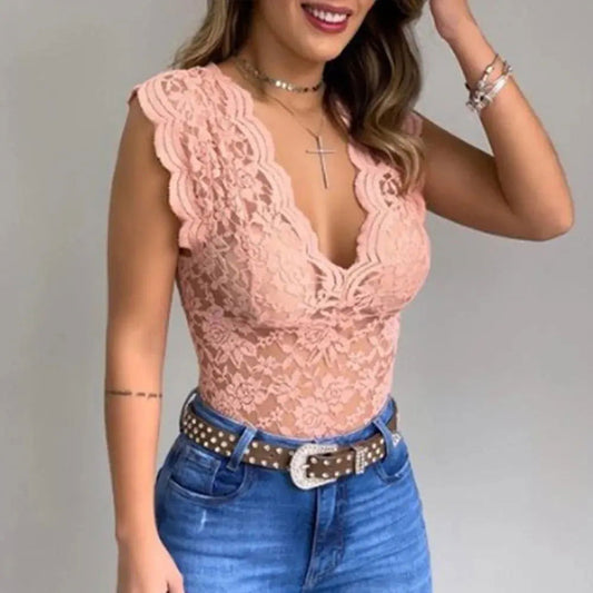 Women's - V-Neck Lace Top - Lightweight Elegant Fabric - Effortless Style for Any Occasion - Perfect for Graceful Looks