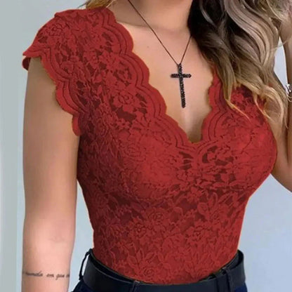 Women's - V-Neck Lace Top - Lightweight Elegant Fabric - Effortless Style for Any Occasion - Perfect for Graceful Looks
