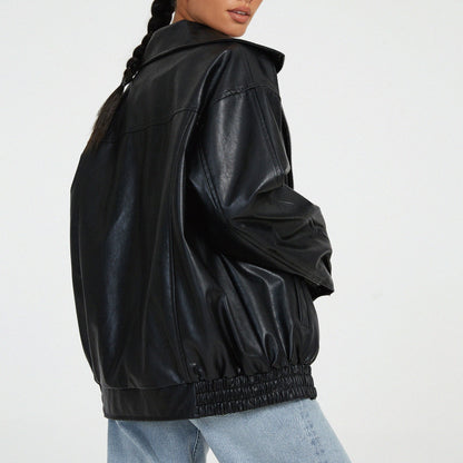 Women's - Relaxed Leather Jacket - Zip-Up High Collar Fit