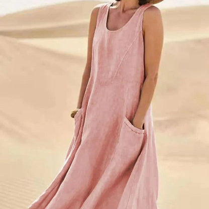Women's - Chic Maxi Dress - Linen Fabric - Stylish with Convenient Pockets - Perfect for Summer Outings