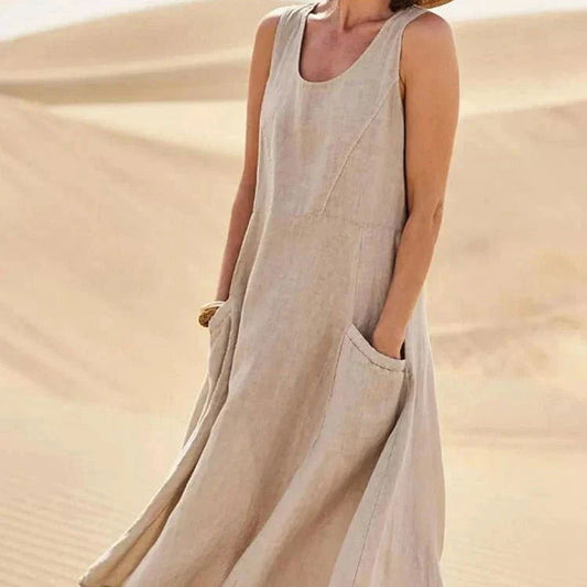 Women's - Chic Maxi Dress - Linen Fabric - Stylish with Convenient Pockets - Perfect for Summer Outings