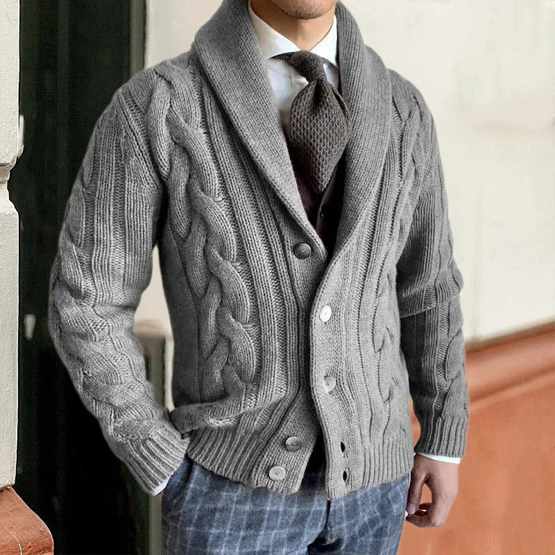 Men's - Cable Knit Cardigan - Shawl Collar Button