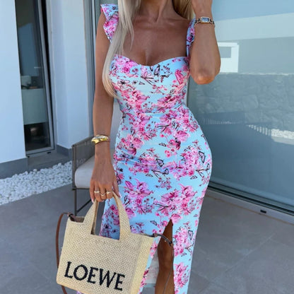 Women's - Elegant Floral Midi Dress - Summer Fashion