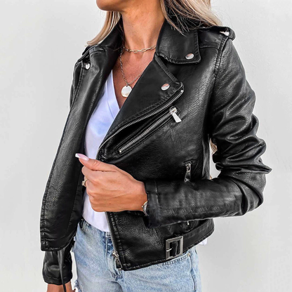 Women’s - Faux Leather Jacket – Belted Zip-Up Style