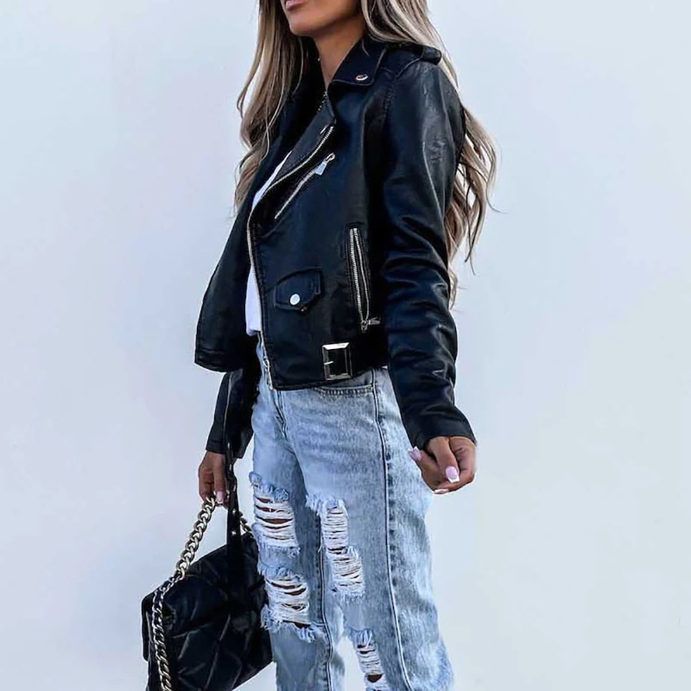 Women’s - Faux Leather Jacket – Belted Zip-Up Style