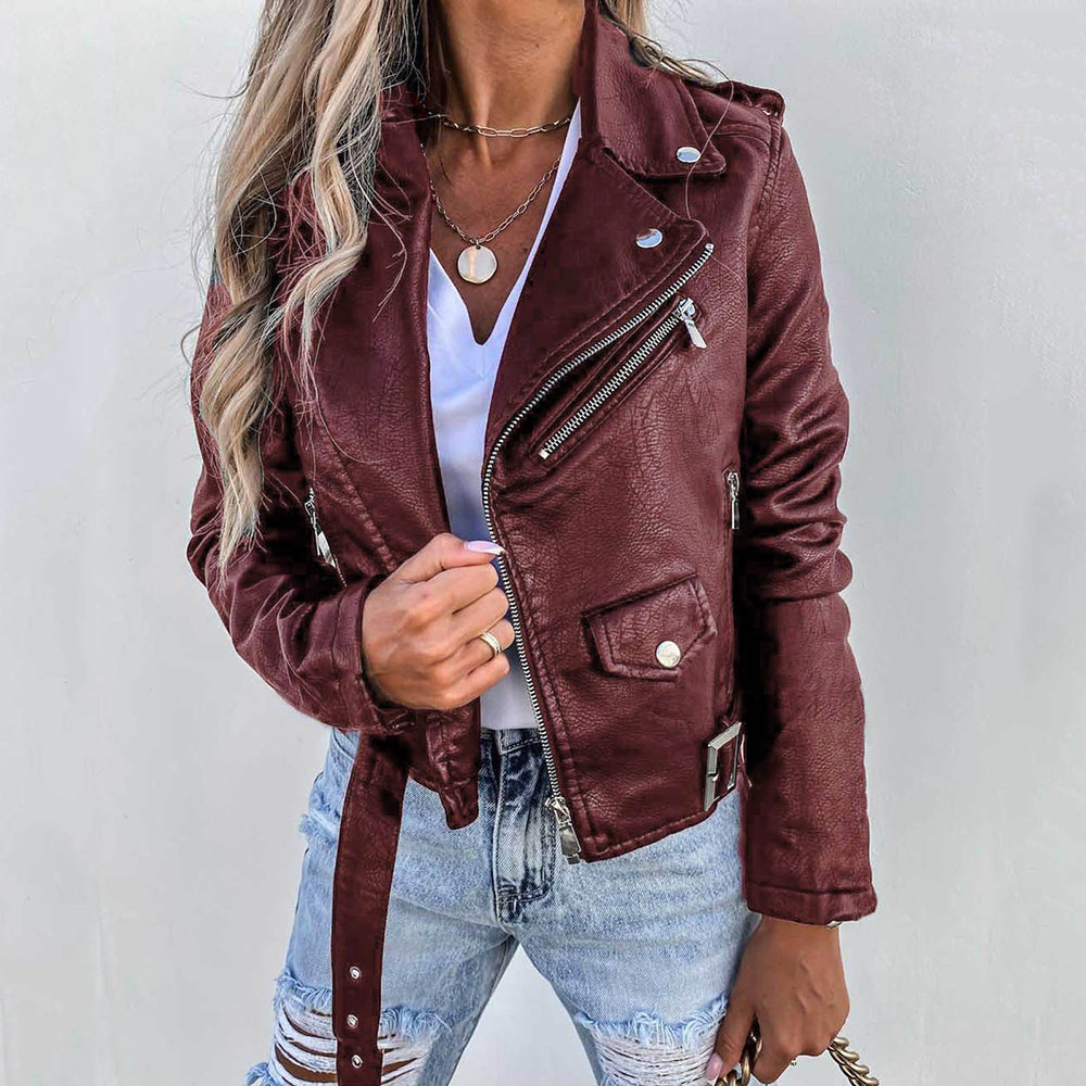 Women’s - Faux Leather Jacket – Belted Zip-Up Style