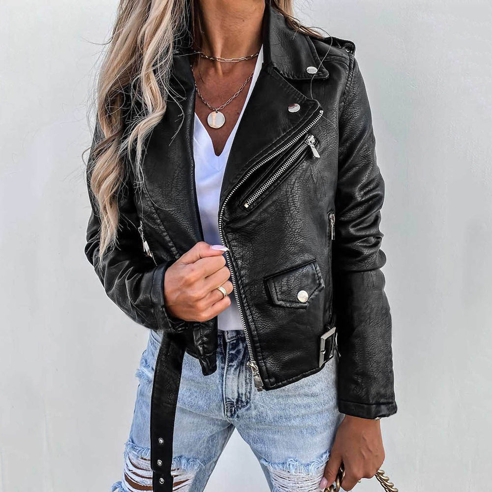 Women’s - Faux Leather Jacket – Belted Zip-Up Style