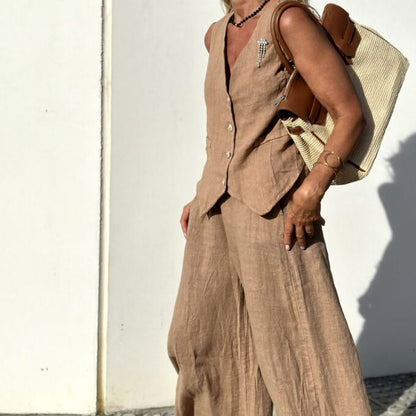 Women's - Chic Linen Vest and Pants Set - Stylish Comfort
