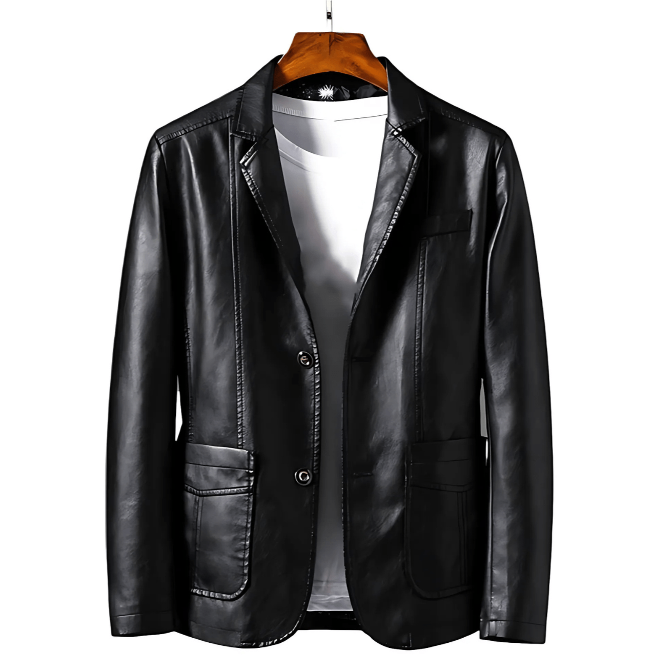Men's - Faux Leather Jacket - Button-Up with Lapel