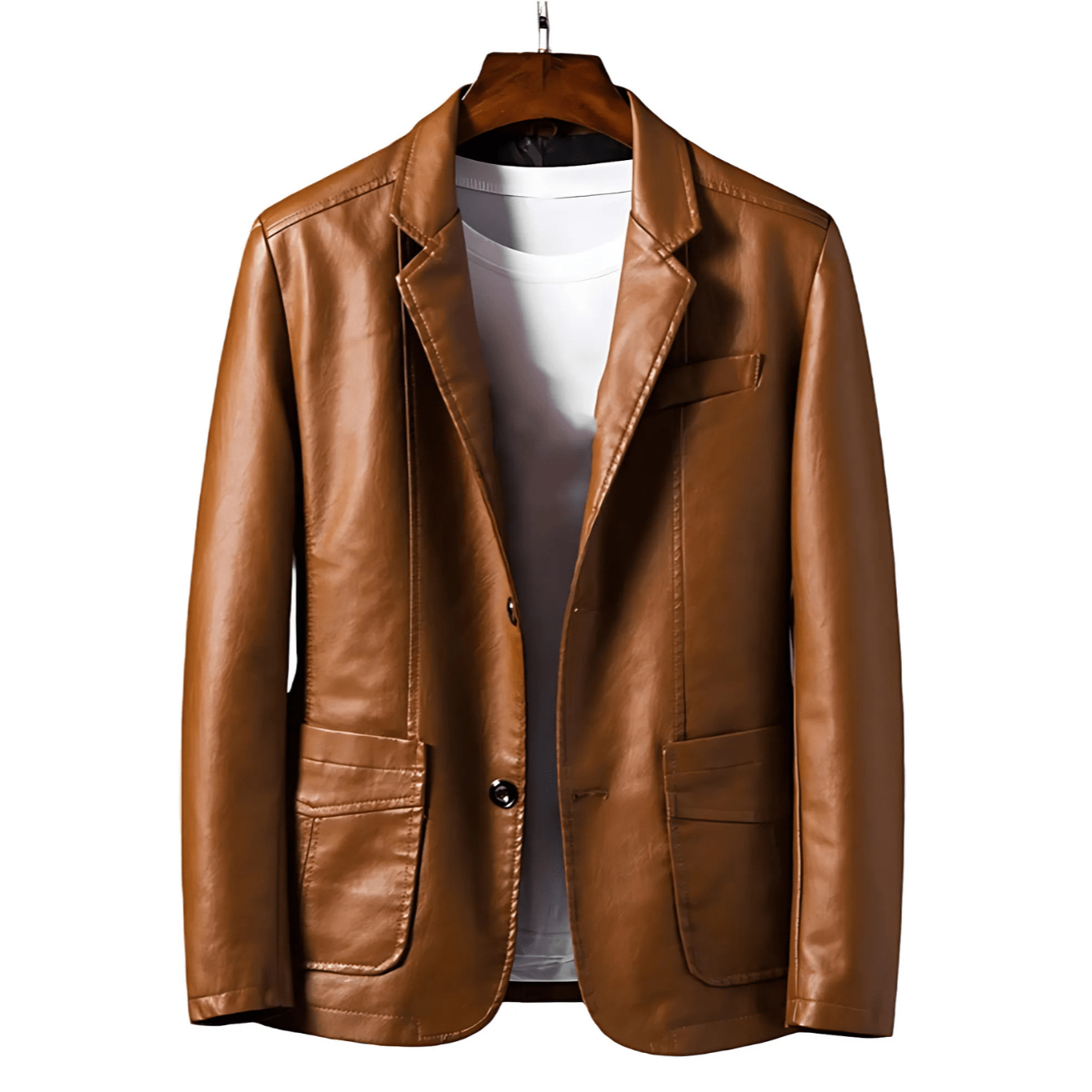 Men's - Faux Leather Jacket - Button-Up with Lapel