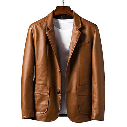 Men's - Faux Leather Jacket - Button-Up with Lapel