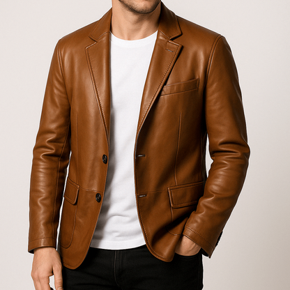 Men's - Faux Leather Jacket - Button-Up with Lapel