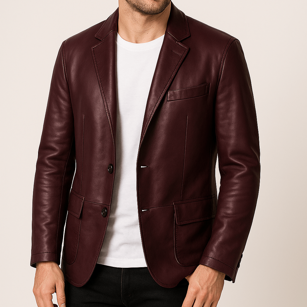 Men's - Faux Leather Jacket - Button-Up with Lapel