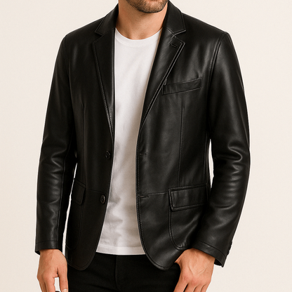 Men's - Faux Leather Jacket - Button-Up with Lapel
