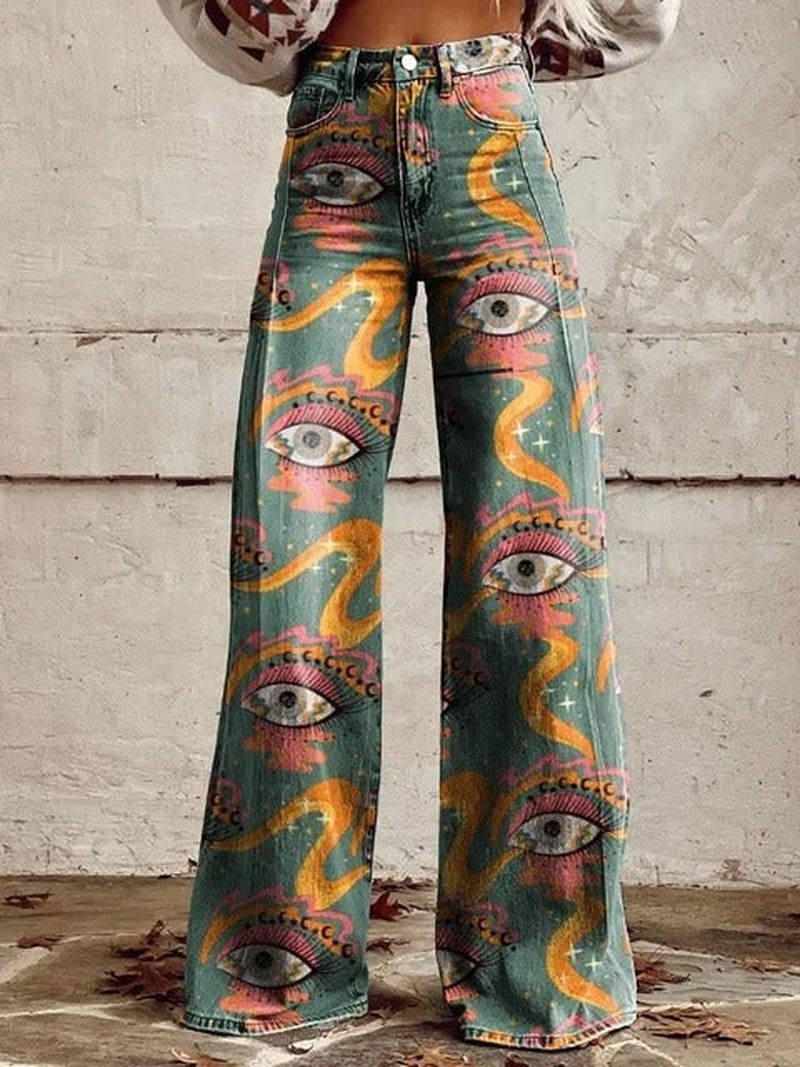 Women's - Wide-Leg Pants - Lightweight & Trendy - Mystical Eye Design for Effortless Casual Chic Style