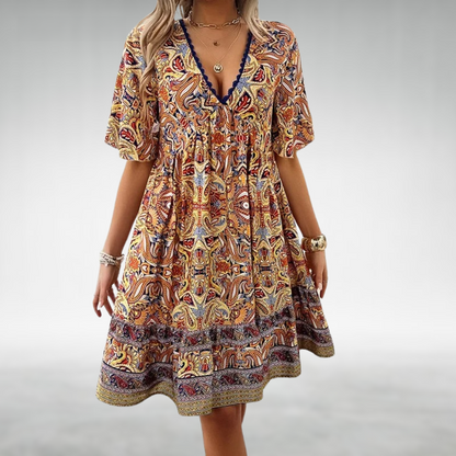 Women's - Boho Paisley Print Mini Dress - Lightweight Fabric