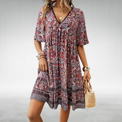 Women's - Boho Paisley Print Mini Dress - Lightweight Fabric