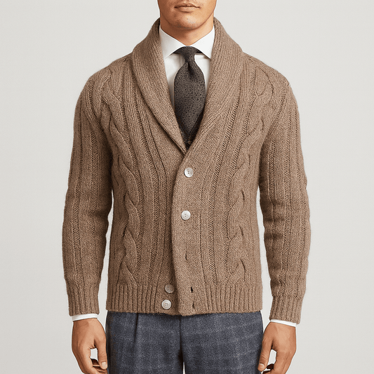 Men's - Cable Knit Cardigan - Shawl Collar Button